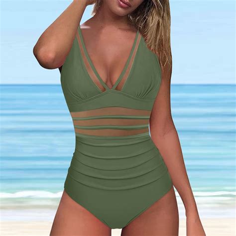 Summer Saving!YANHAIGONG Women Swimsuit One Piece V Neck Mesh Sheer
