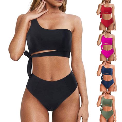 TAGOLD Womens Bikinis Set Solid Color One Shoulder TwoPiece Bikini