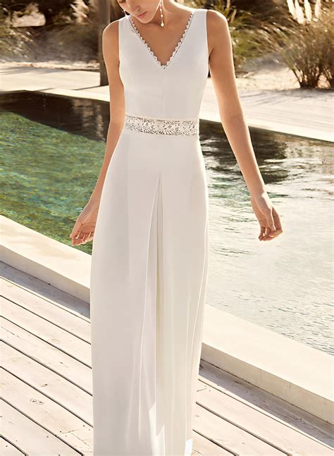 Jumpsuit/Pantsuit V-Neck 1/2 Sleeves Floor-Length Wedding Dresses - Missacc