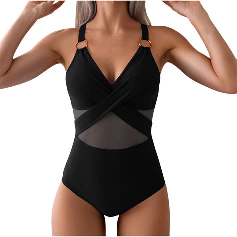 Bigersell Mesh One-Piece Swimsuit Women Wrap Front Bathing Suit V-Neck