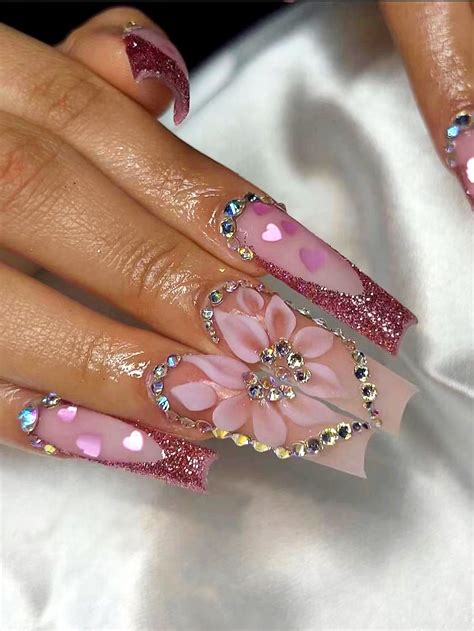 Transform Your Nails with 24pcs Long Coffin Glitter Floral Heart 3D