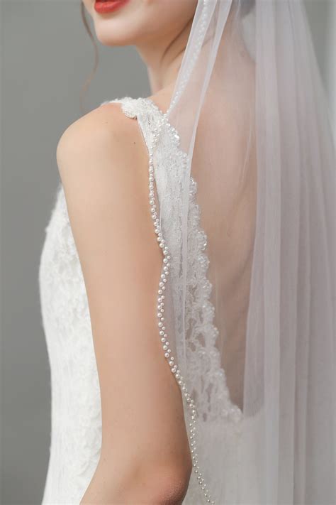 Vintage Pearls Ivory With Beaded Scalloped Bridal Veil Wedding Veil