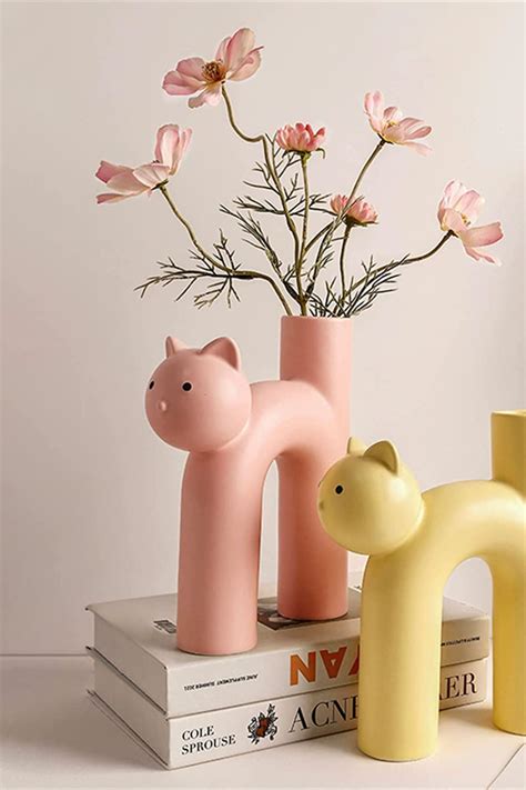 HanOBC Pink Ceramic Flower Vase, Cute Cat Funny Animal Vase, Modern ...