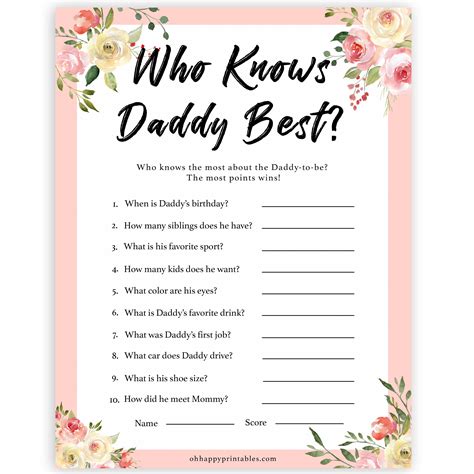 Who Knows Daddy Best Game - Spring Floral Printable Baby Shower Games