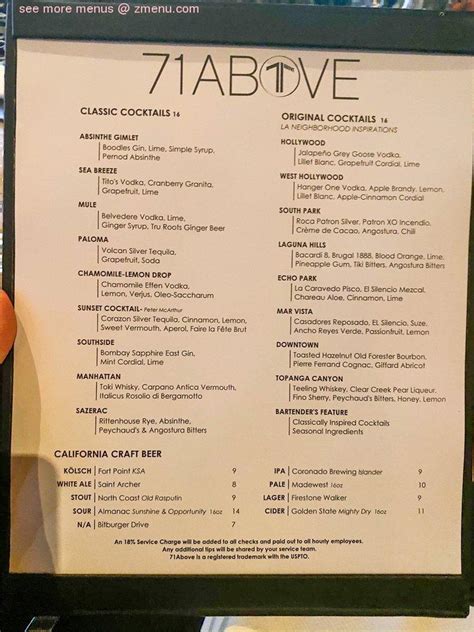 Menu at 71Above pub & bar, Los Angeles