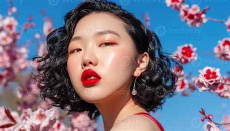 Fashion, young skinny woman model posing, blossoming pink cherry sakura