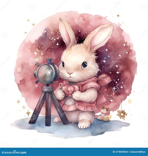 Astronomer Cute Bunny Blue Cute Bunny Watercolor Stock Illustration
