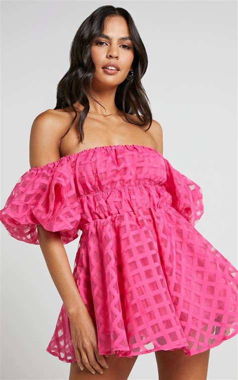 Paloma Mini Dress - Off Shoulder Puff Sleeve Textured Net Dress in Hot