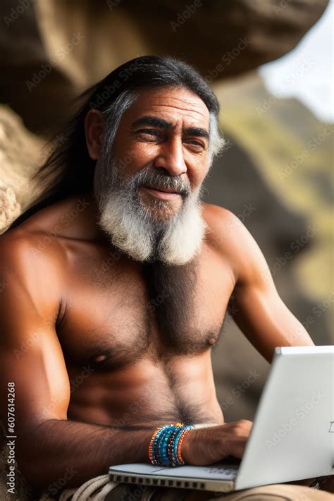Caveman engaged in modern activities with a laptop, signifying the ...