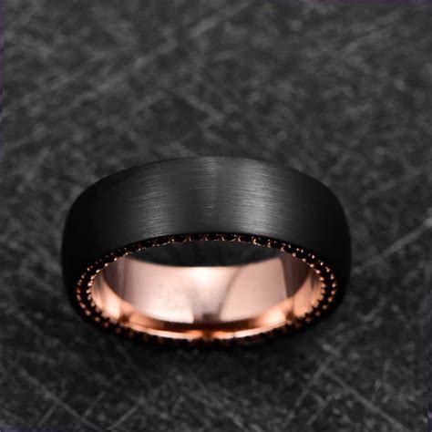 8mm Black Tungsten Ring With Rose Gold Inner Face & Side Black Zircon