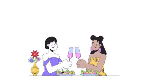 Girlfriends lesbians clinking glasses line 2D characters animation