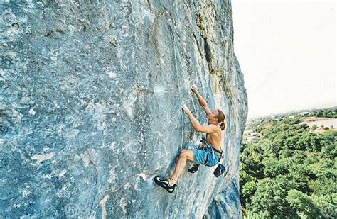 Muscular Man Rockclimber with Naked Torso Climbing on Tough Sport Route ...