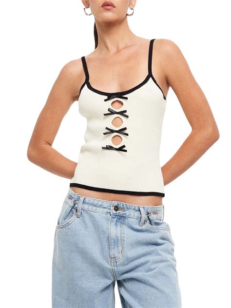 Sunwanar Women's Sweet Slim Cami Tops Bowknot Cutout Front Spaghetti