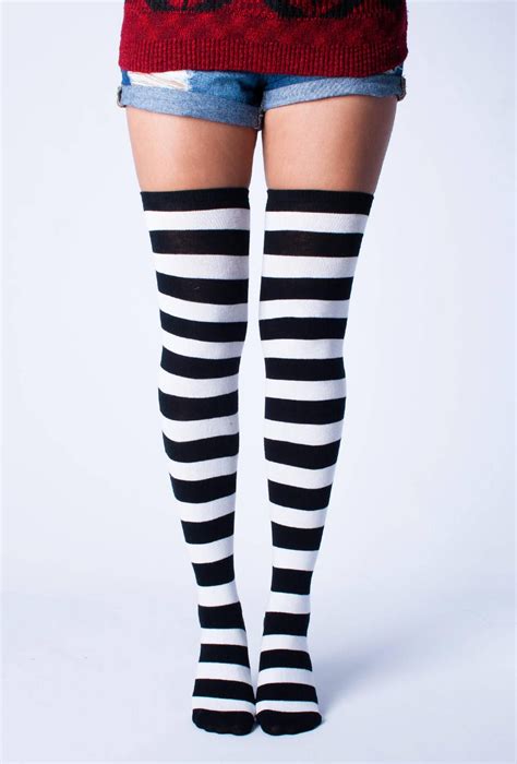 Black/White Striped Thigh High Socks | Etsy White Thigh High Socks