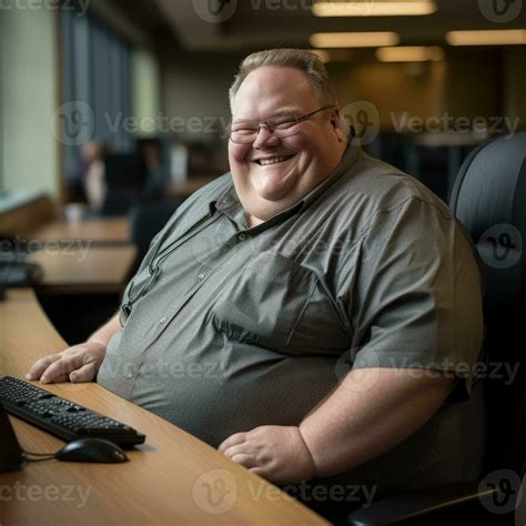 a fat man sitting at a desk in front of a computer generative ai