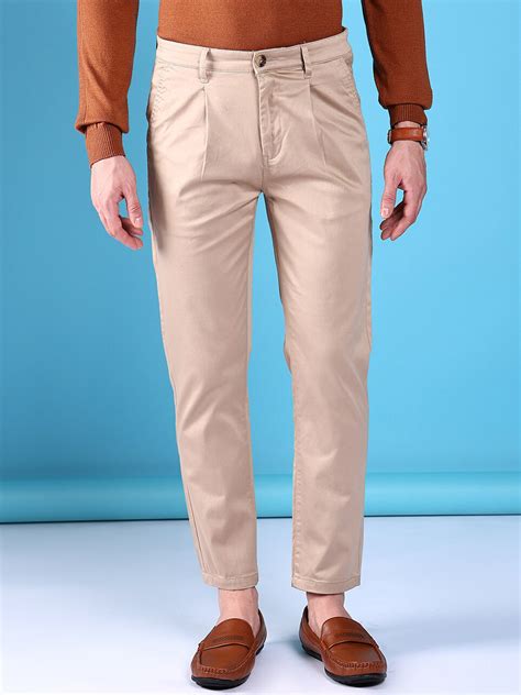 buy  indian garage  men slim fit mid rise pleated cotton chinos