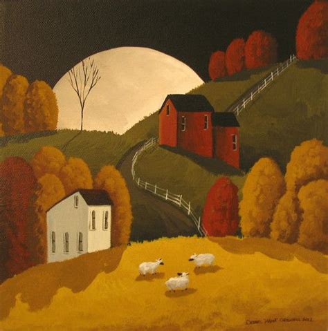 ORIGINAL PAINTING folk art sheep country primitive landscape farm moon ...