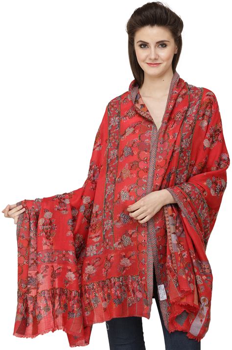 Bittersweet-Red Kani Jamawar Shawl with Roses Woven All-Over | Exotic