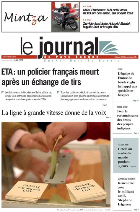 Journal Le Journal du Pays Basque (France). Les Unes des journaux de ...