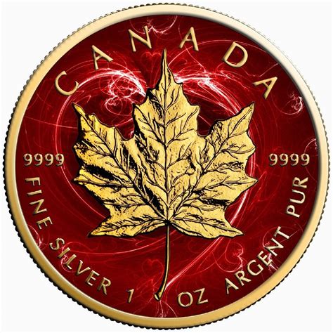 Canada Silver Maple Leaf Coin Passion Red Colorized and Gold Gilded ...