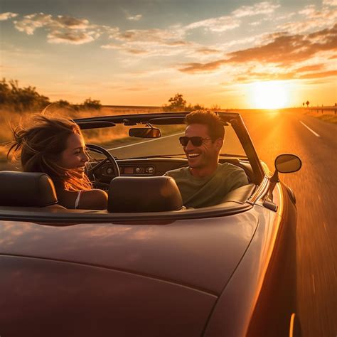 Premium Photo | A couple driving a convertible with the sun setting ...