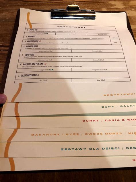 Menu at Pa Ta Thai restaurant, Warsaw