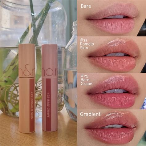 Swatch comparison of Romand Juicy Lasting Tint in Pomelo Skin and Bare