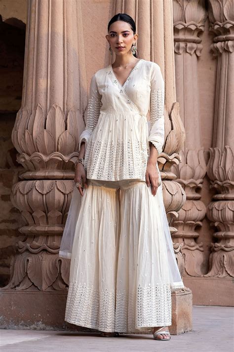 Buy Off White Peplum Top Cotton Mulmul Embroidery Leaf Angrakha Set For ...