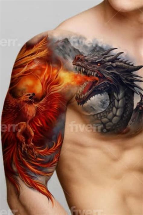 Stunning full color phoenix and dragon tattoo on a man's shoulder. in ...