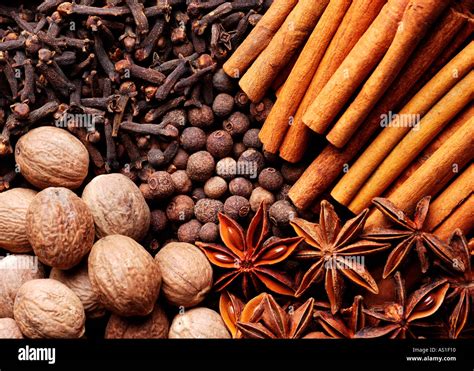 cinnamon clove anise star nutmeg  allspice background stock photo