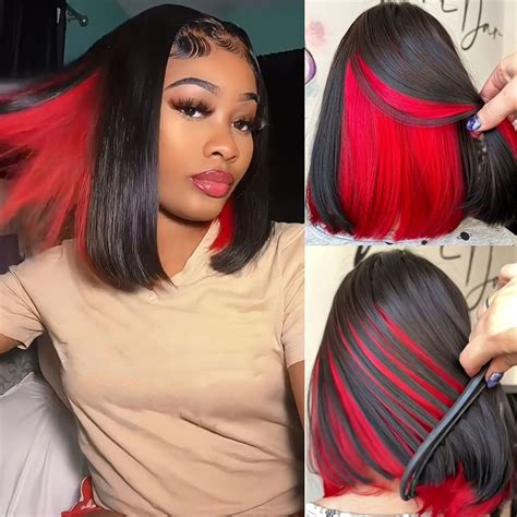 Peekaboo Bob Wig Short Straight Bob Wigs For Women Colorful Highlight Bob 4x4 Lace Front Wig 180 ...