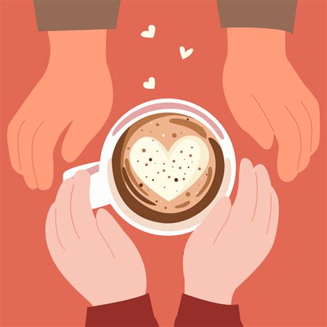 hands of a loving couple holding a mug of coffee with latte heart art