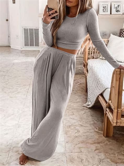 Plus Size Casual Outfits Set, Women's Plus Solid Long Sleeve Round Neck
