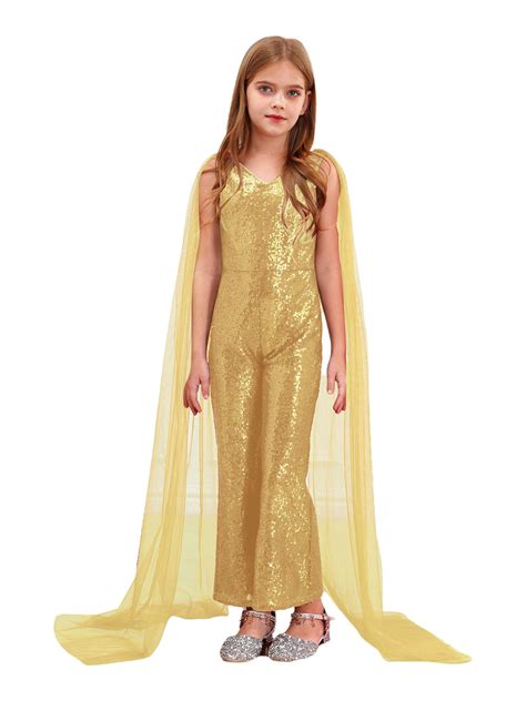 CHICTRY Kids Girls Sequins One Piece Party Jumpsuits with Tulle Cloak