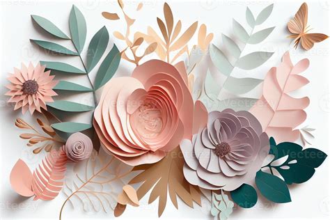 Abstract cut paper flowers isolated on white, botanical background, festive floral arrangement ...