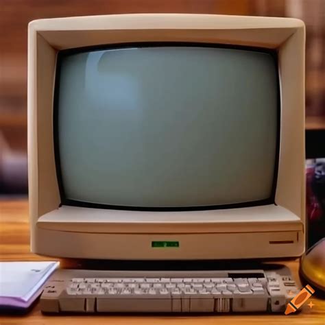 Close-up of an old CRT computer monitor on a wooden desk in a retro