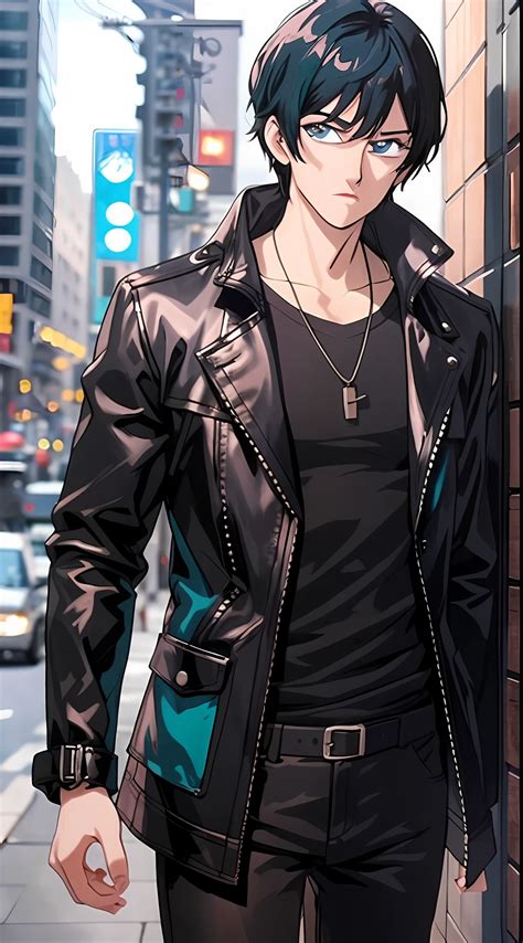 anime guy  black leather jacket standing  sidewalk  city seaart ai