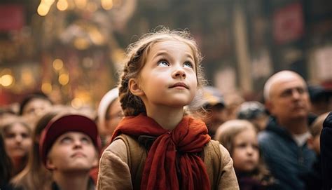 Premium Photo | A little girl looks up at the crowds in the style of ...