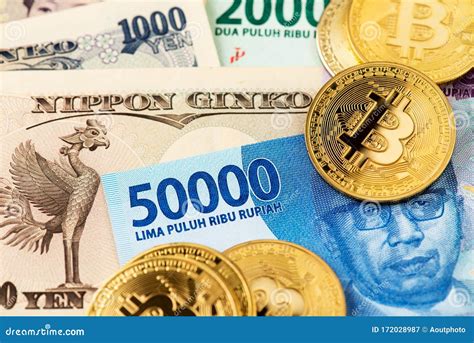 bitcoin cryptocurrency coins  japanese yen  indonesia rupiah
