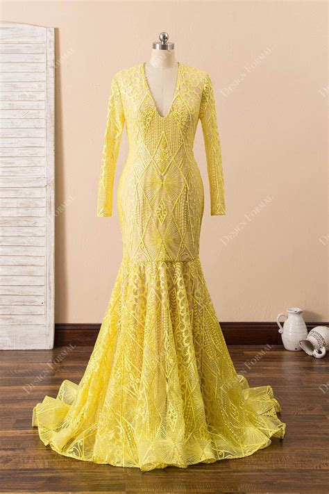 Elegant Yellow Lace Sequin V-neck Long Sleeve Mermaid Prom Dress