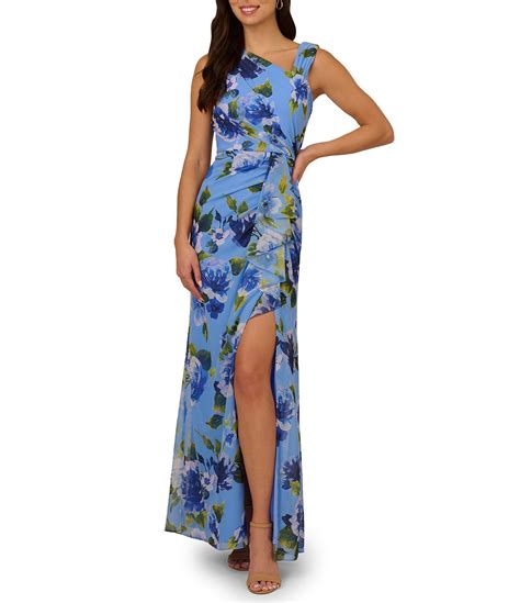 Adrianna Papell Floral Print Chiffon Asymmetrical Neck Sleeveless Front