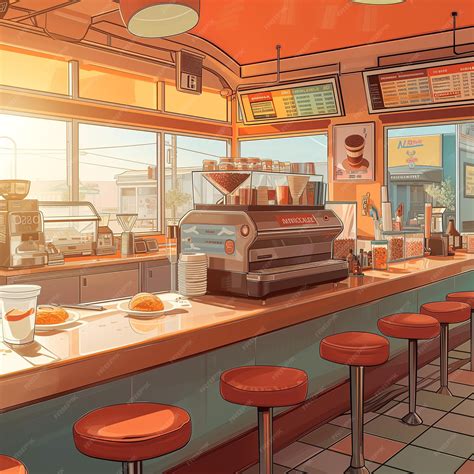 Premium Photo | There is a cartoon of a diner with a counter and stools