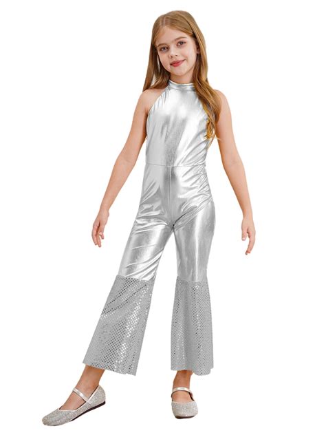 Alvivi Kids Girls 70s Disco Costume Open Back High Waist Jumpsuit Retro