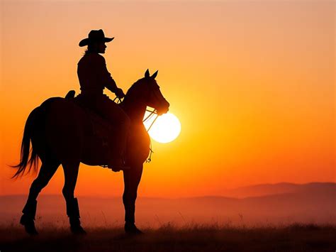 premium ai image western cowboy riding horse  sunset silhouette