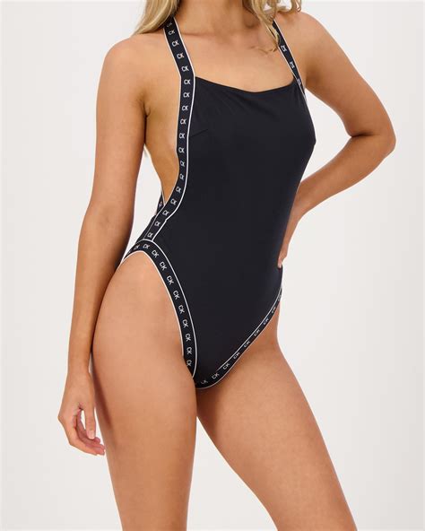 Shop Calvin Klein Core Mono Tape One Piece Swimsuit In Pvh Black - Fast