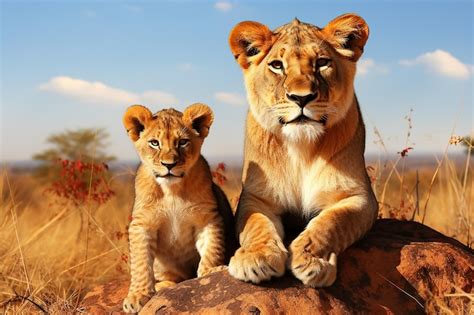 Leao E Mamifero - Família de leões filhote de leão e leão adulto na natureza juntos ...