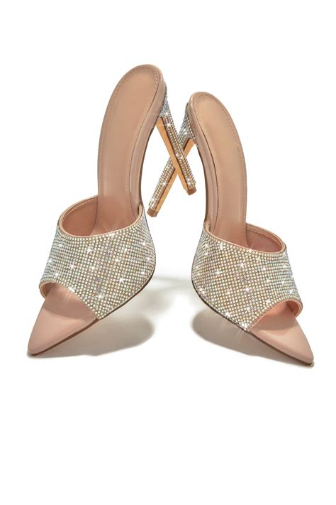 Shop Nude Embellished High Heel Mules | Juliene – MISS LOLA