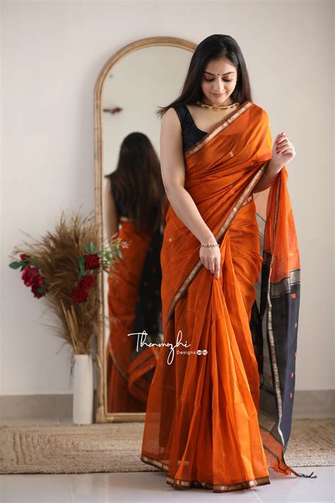 ethnic orange maheshwari silk cotton handloom saree  blouse