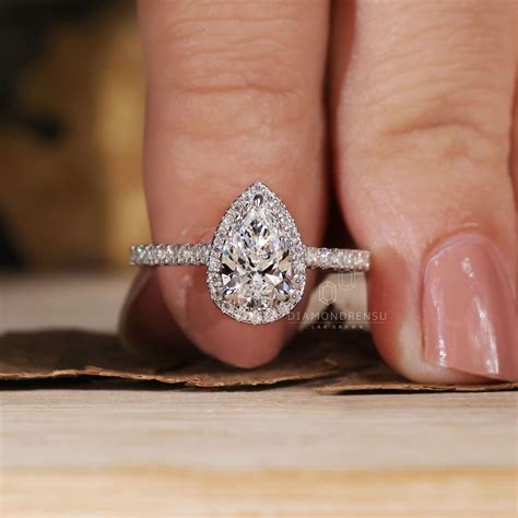 Pear Shaped Diamond Ring, Pear Lab Grown Diamond Halo Engagement Ring