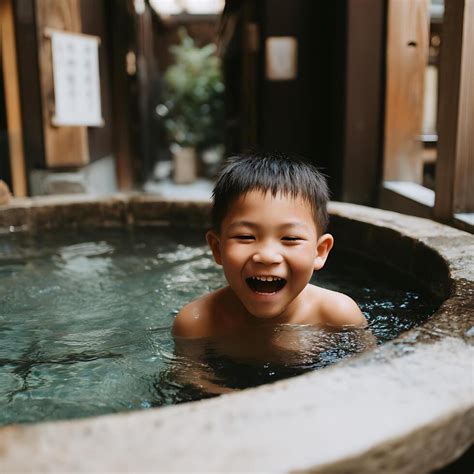 Joyful Young Boy Enjoying a Relaxing Bath in a Traditional Japanese